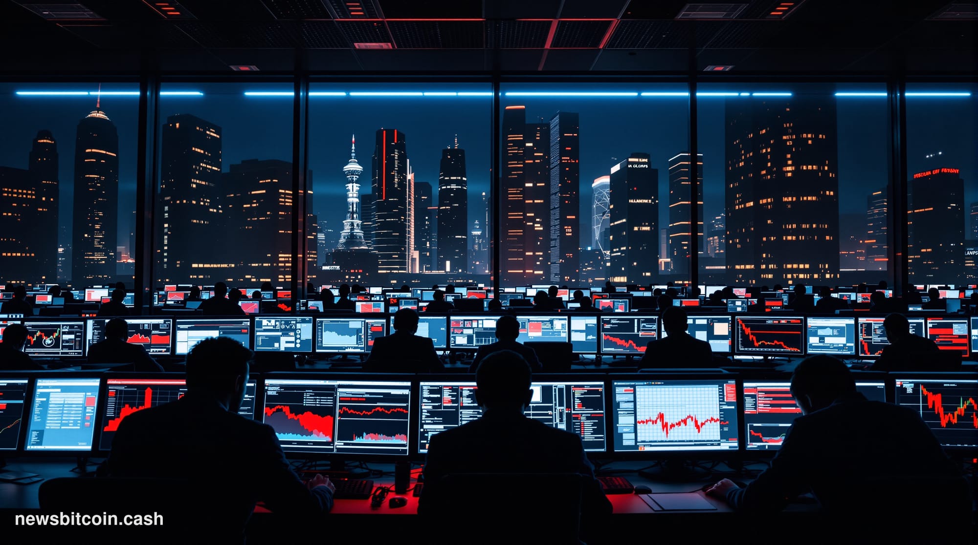 A dramatic photorealistic editorial photograph showing a modern cryptocurrency exchange trading floor or DeFi protocol operat