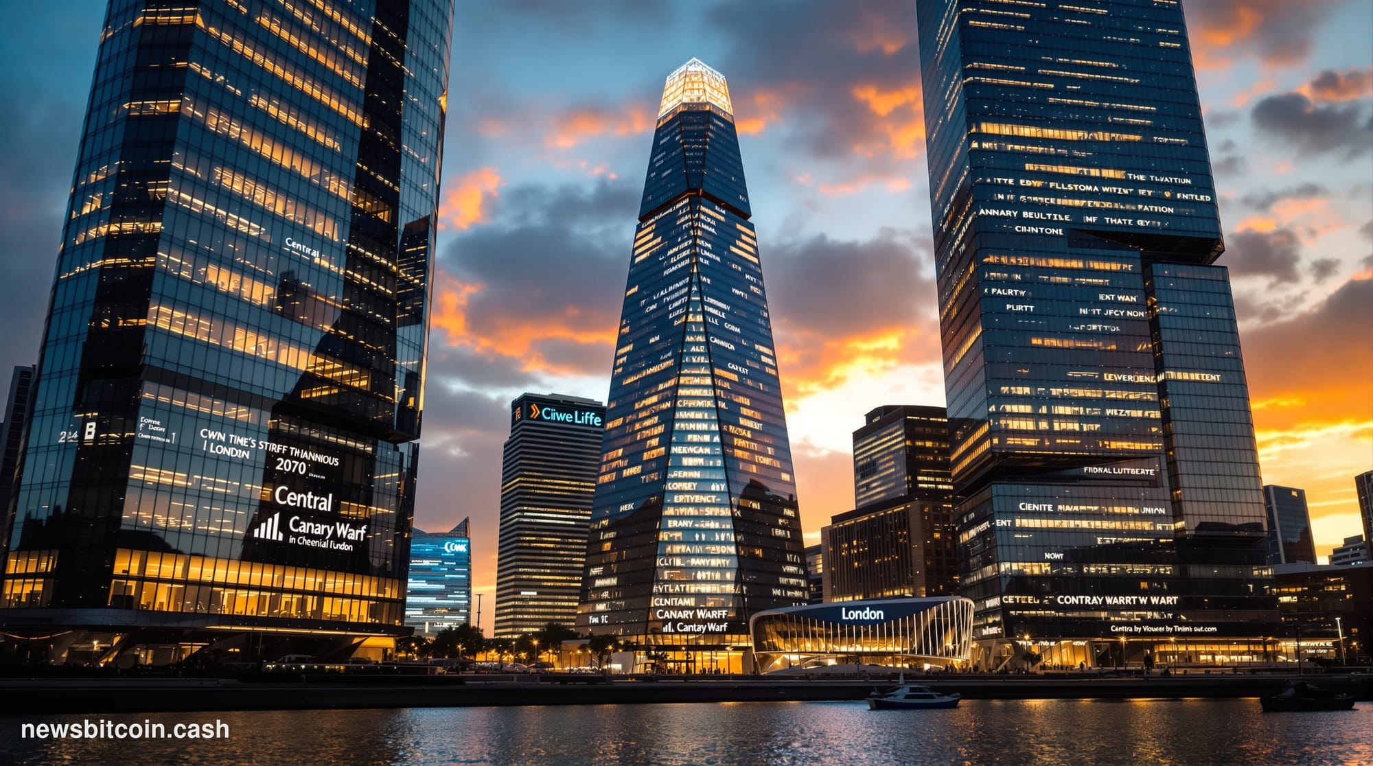 A cinematic photorealistic editorial photograph showing the imposing glass and steel towers of London's financial district in
