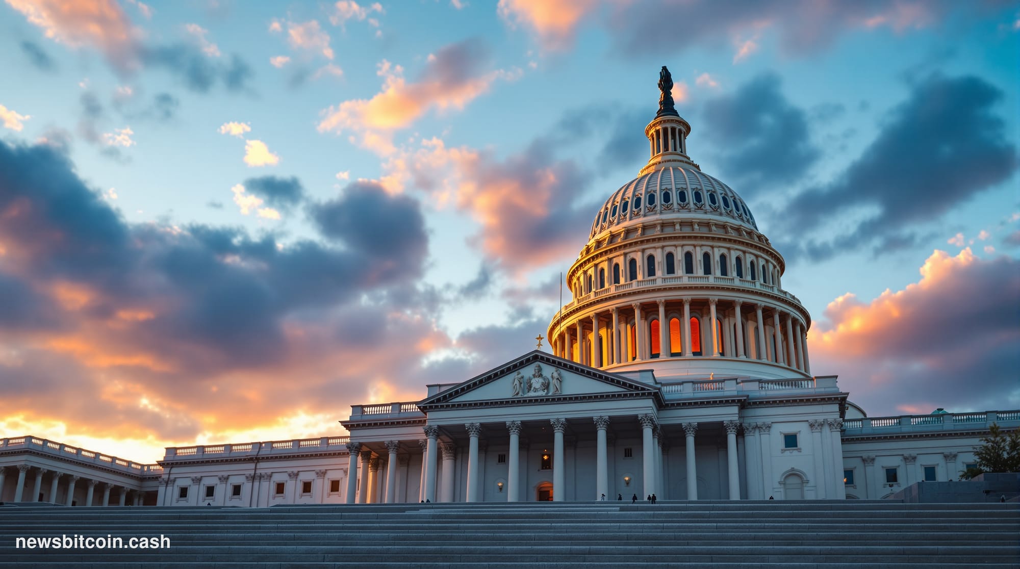 Cinematic photorealistic editorial photograph of the U.S. Capitol building's iconic dome and neoclassical facade from a low a