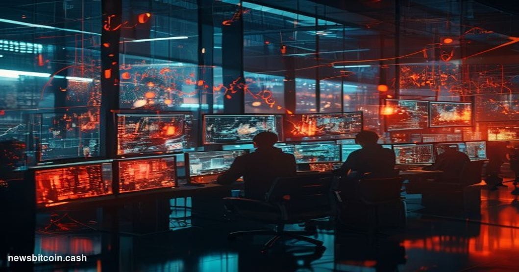 A cinematic photorealistic editorial photograph showing a modern blockchain infrastructure operations center with multiple la