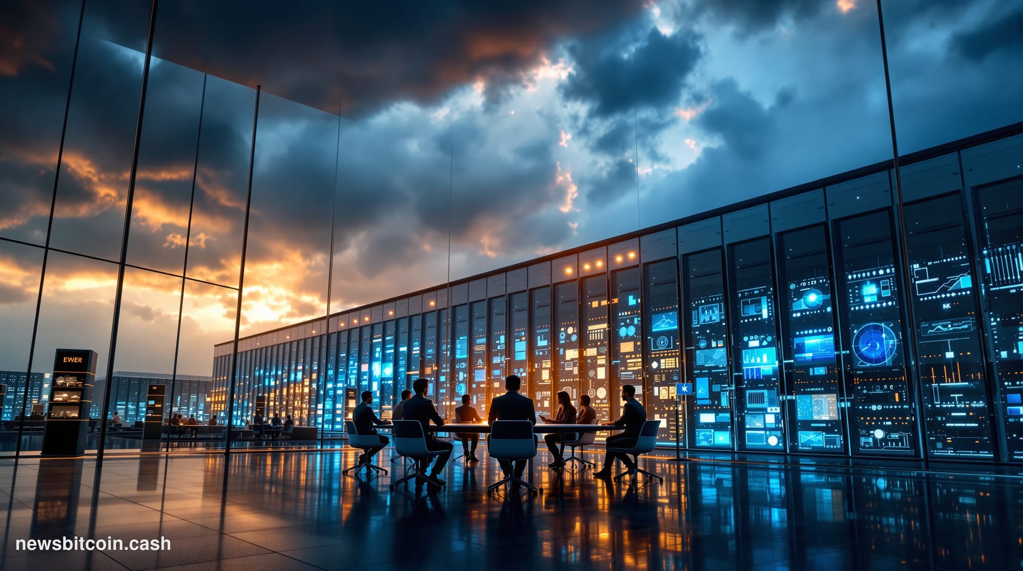 A cinematic photorealistic editorial photograph capturing the intersection of AI and cryptocurrency payments. The scene shows