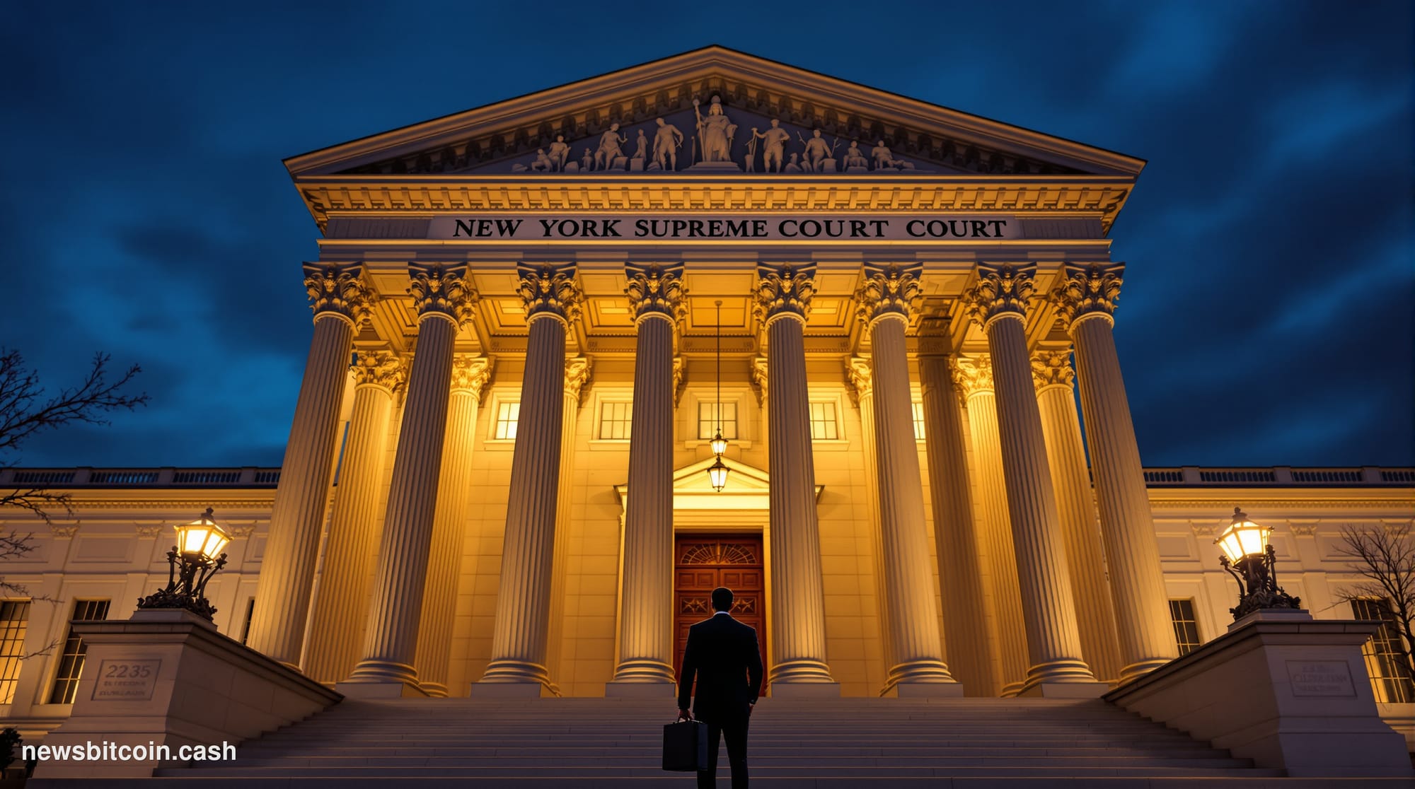 A dramatic cinematic photograph of the imposing New York Supreme Court building facade at dusk, shot from a low angle to emph