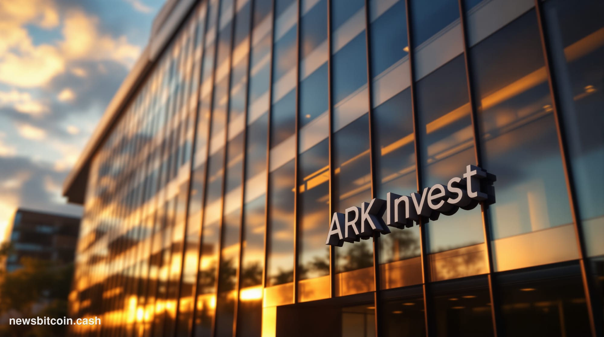 A cinematic photorealistic editorial photograph of ARK Invest's sleek modern headquarters in St. Petersburg, Florida, shot du