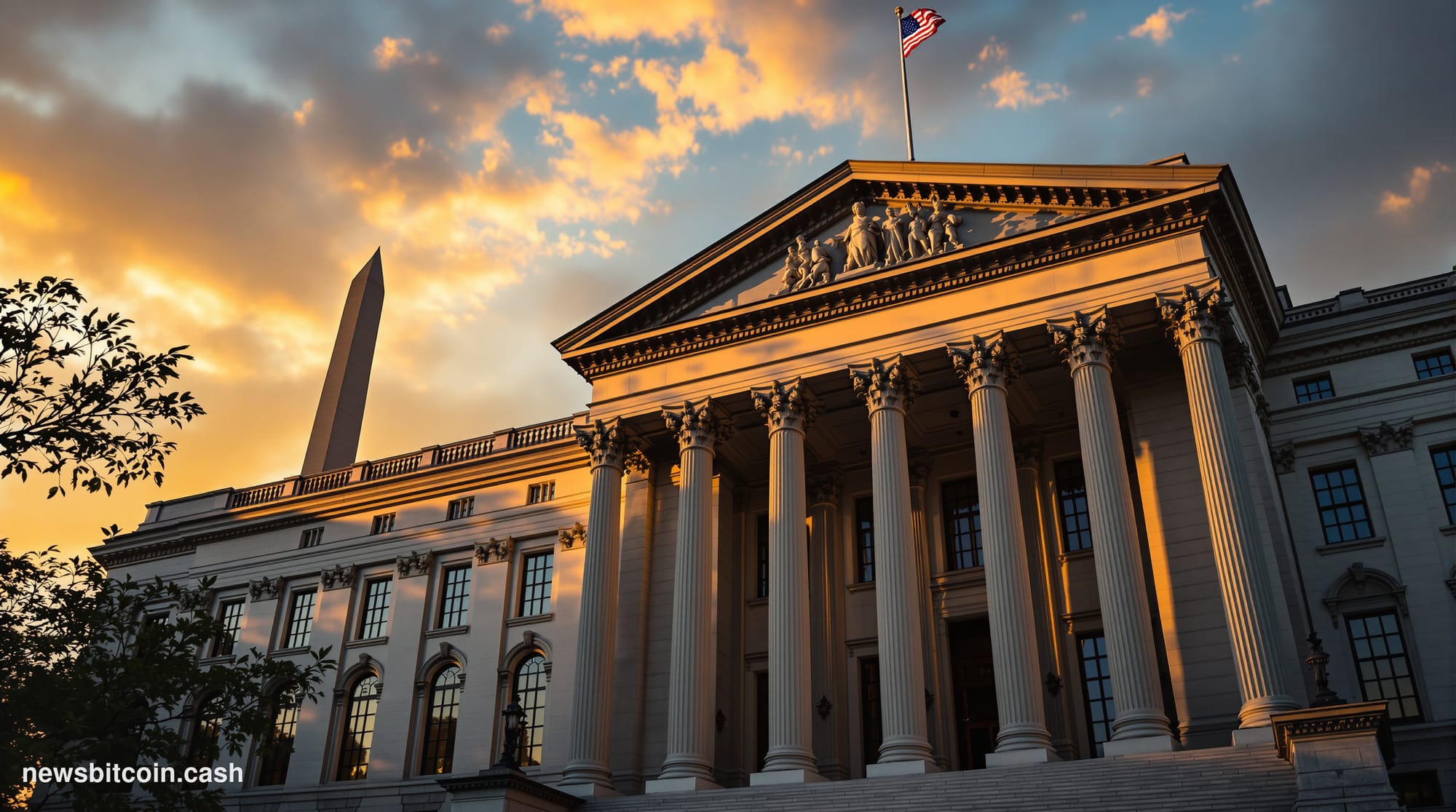 A cinematic photorealistic editorial photograph of the United States Treasury Building in Washington D.C., shot during golden