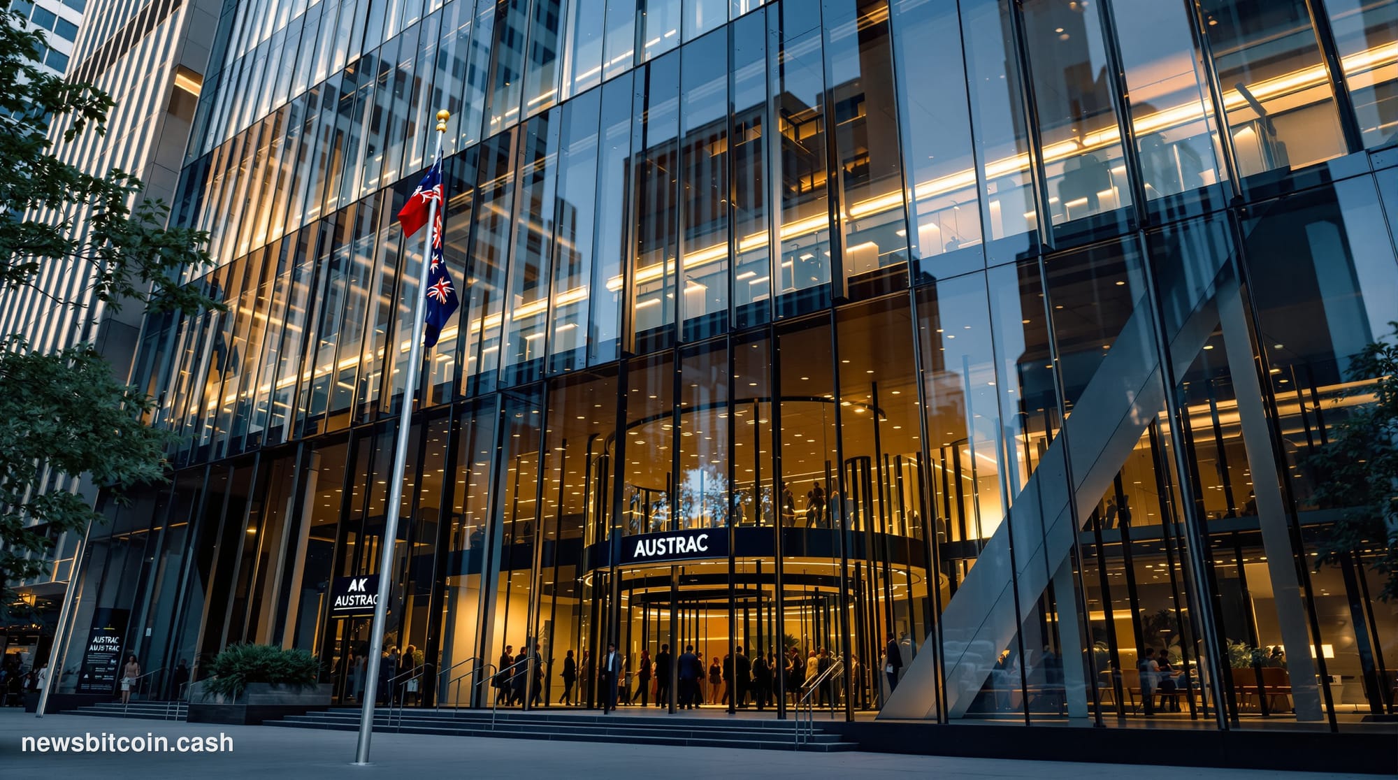 A cinematic photorealistic editorial photograph showing the imposing modern glass facade of AUSTRAC headquarters in Sydney's 
