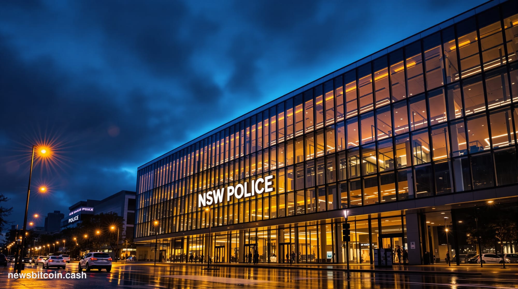 A dramatic cinematic photograph of the New South Wales Police headquarters building in Sydney at dusk, with the distinctive N