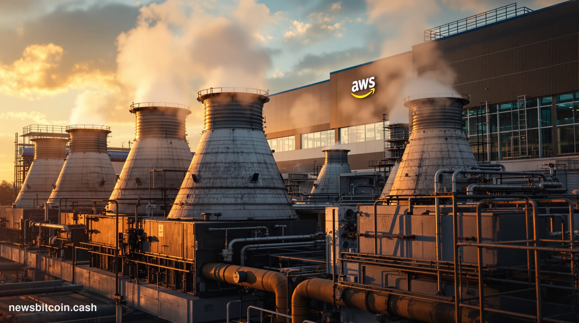 A cinematic photorealistic editorial photograph showing the exterior of Amazon Web Services' massive data center facility in 