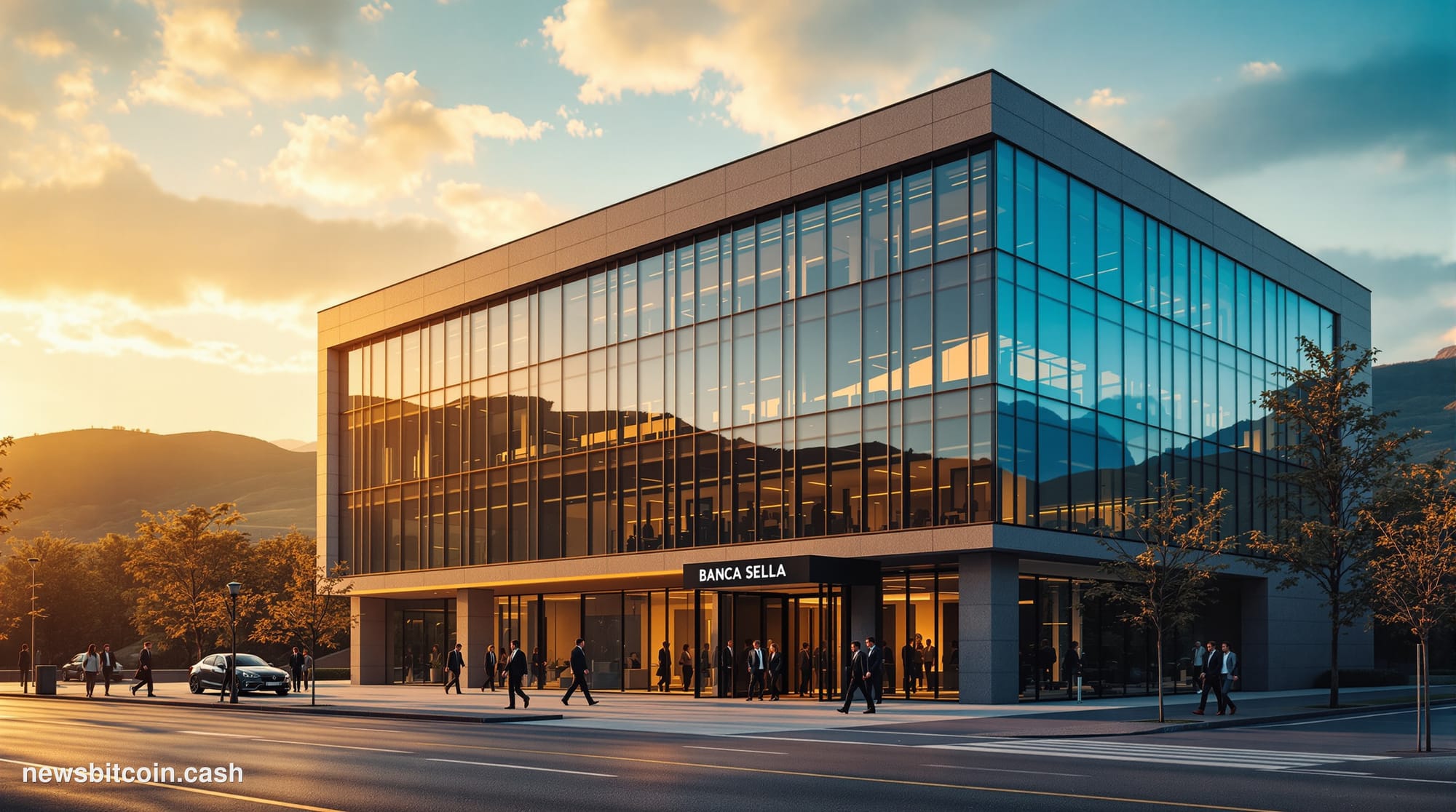 A cinematic photorealistic editorial photograph of Banca Sella's headquarters building in Biella, Italy, captured during gold