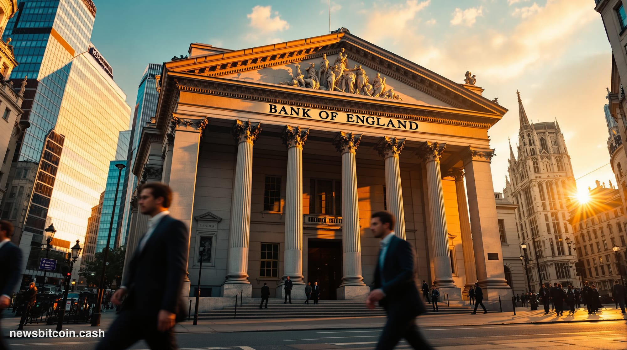 A cinematic photorealistic editorial photograph of the Bank of England's iconic neoclassical building on Threadneedle Street 
