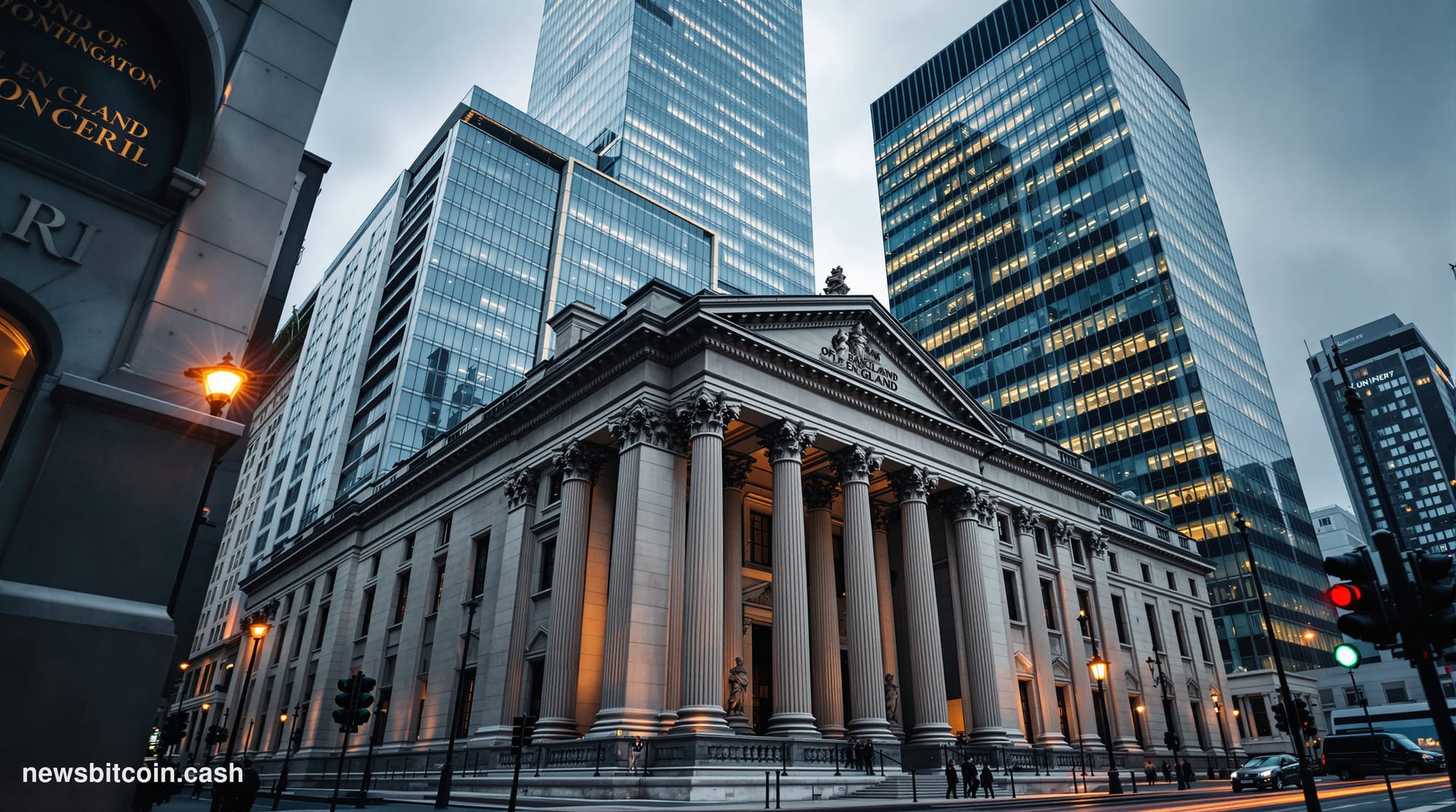 A cinematic photorealistic editorial photograph of the Bank of England's imposing neoclassical headquarters on Threadneedle S