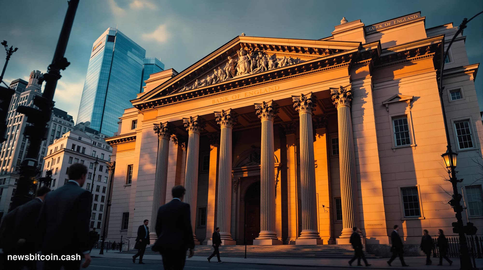 A cinematic photorealistic editorial photograph of the Bank of England's imposing neoclassical headquarters building on Threa