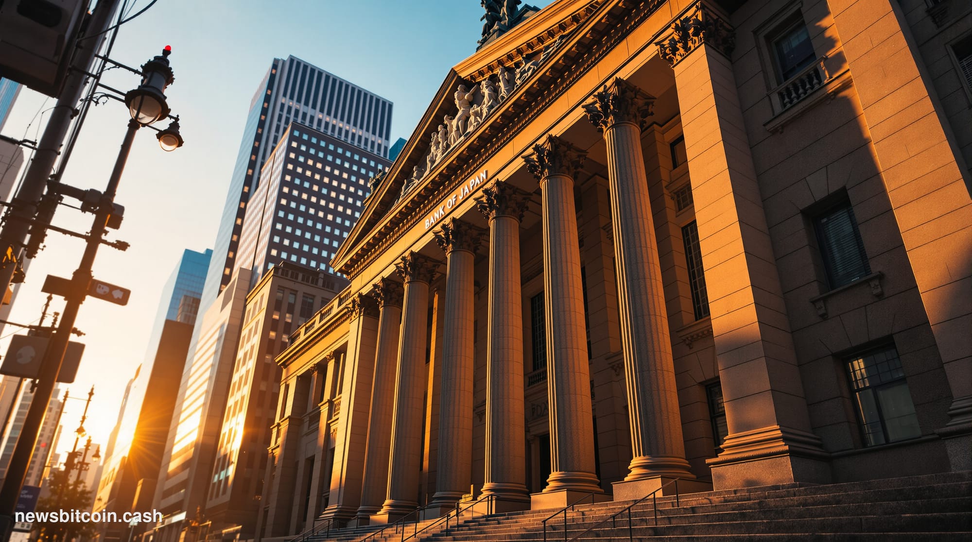 A cinematic photorealistic editorial photograph of the Bank of Japan headquarters in Tokyo's Nihonbashi district, captured du