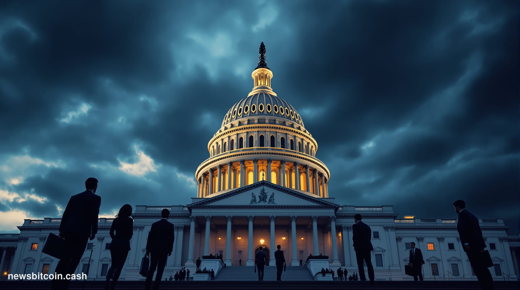 Cinematic photorealistic editorial photograph of the United States Capitol building dome against a dramatic stormy sky, shot 