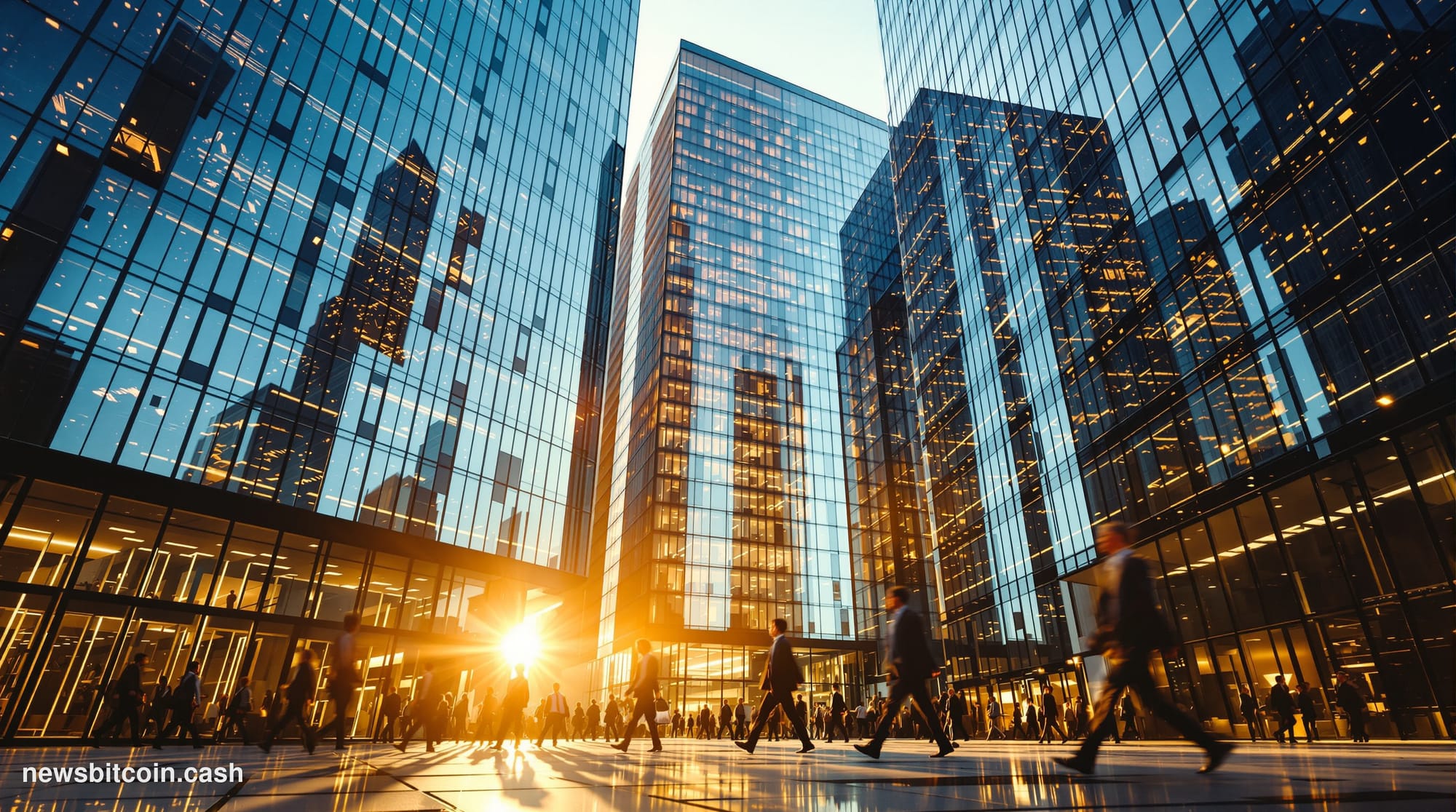 A cinematic photorealistic editorial photograph showing the imposing glass and steel facades of major bank headquarters in Lo