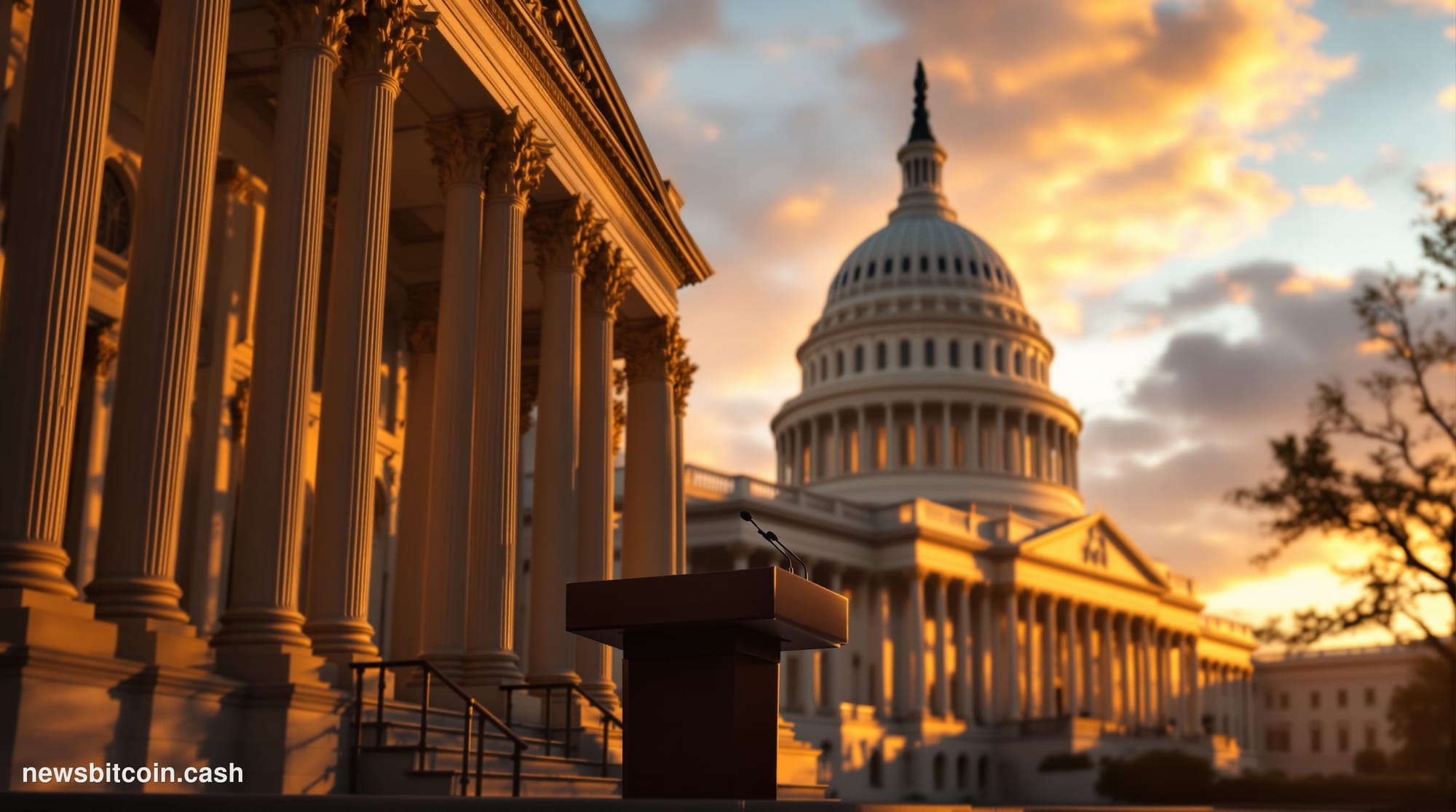 A cinematic photorealistic editorial photograph of the US Capitol building at golden hour, shot from the west lawn with drama