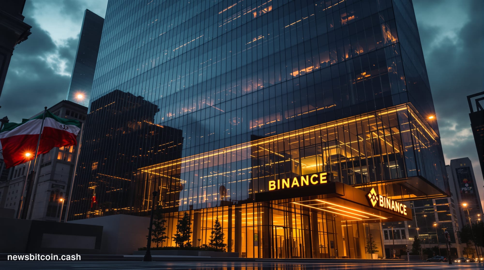 Cinematic photorealistic editorial photograph of Binance's corporate headquarters exterior in a major financial district, sho