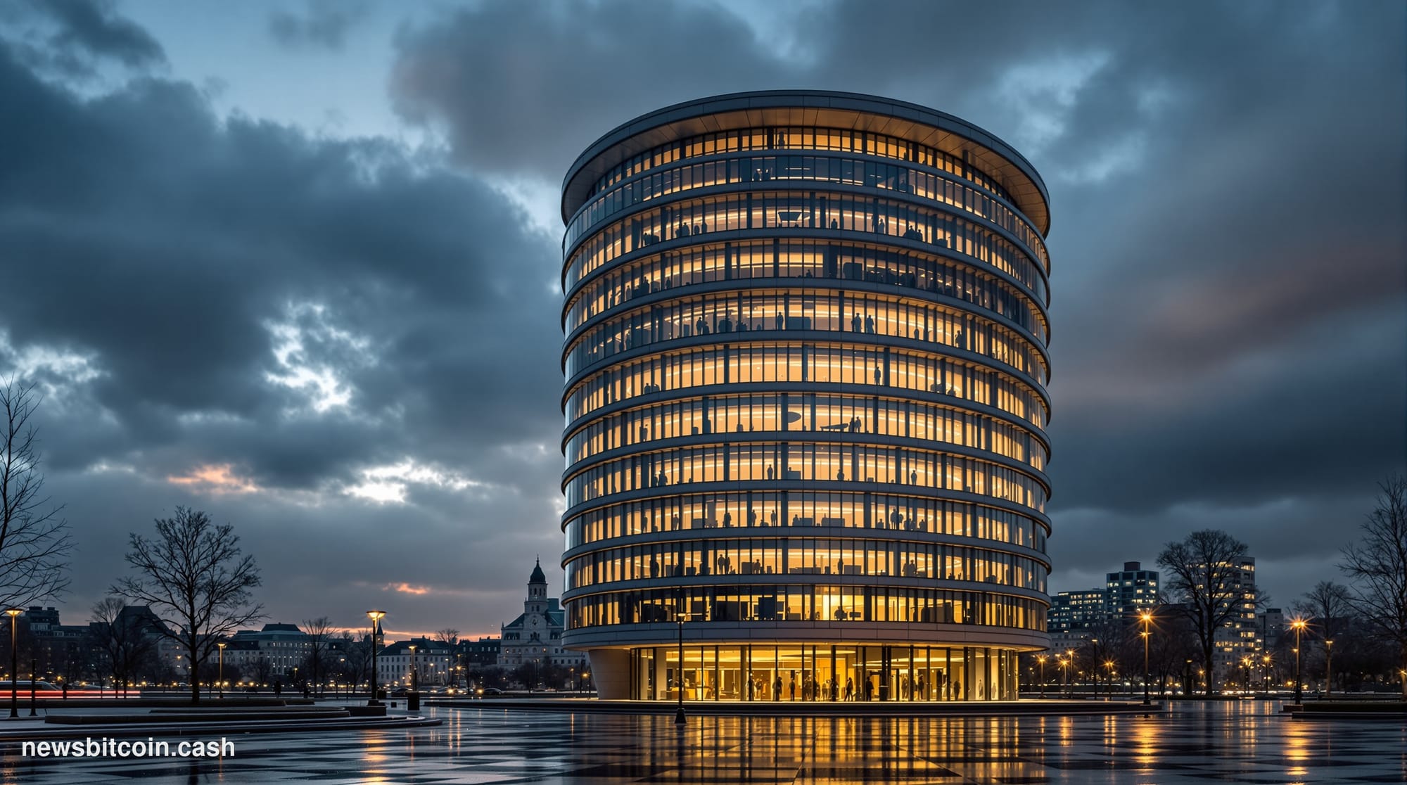 A cinematic photorealistic editorial photograph showing the Bank for International Settlements' distinctive circular tower he