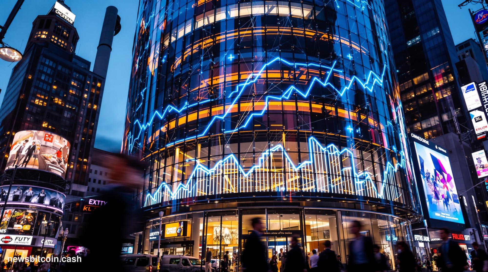 A cinematic photorealistic editorial photograph of the Nasdaq MarketSite building in Times Square, New York City at dusk, wit