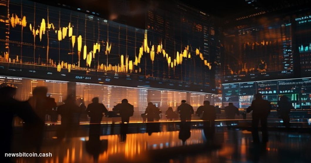 A cinematic photorealistic editorial photograph showing a dramatic trading floor scene with multiple large monitors displayin