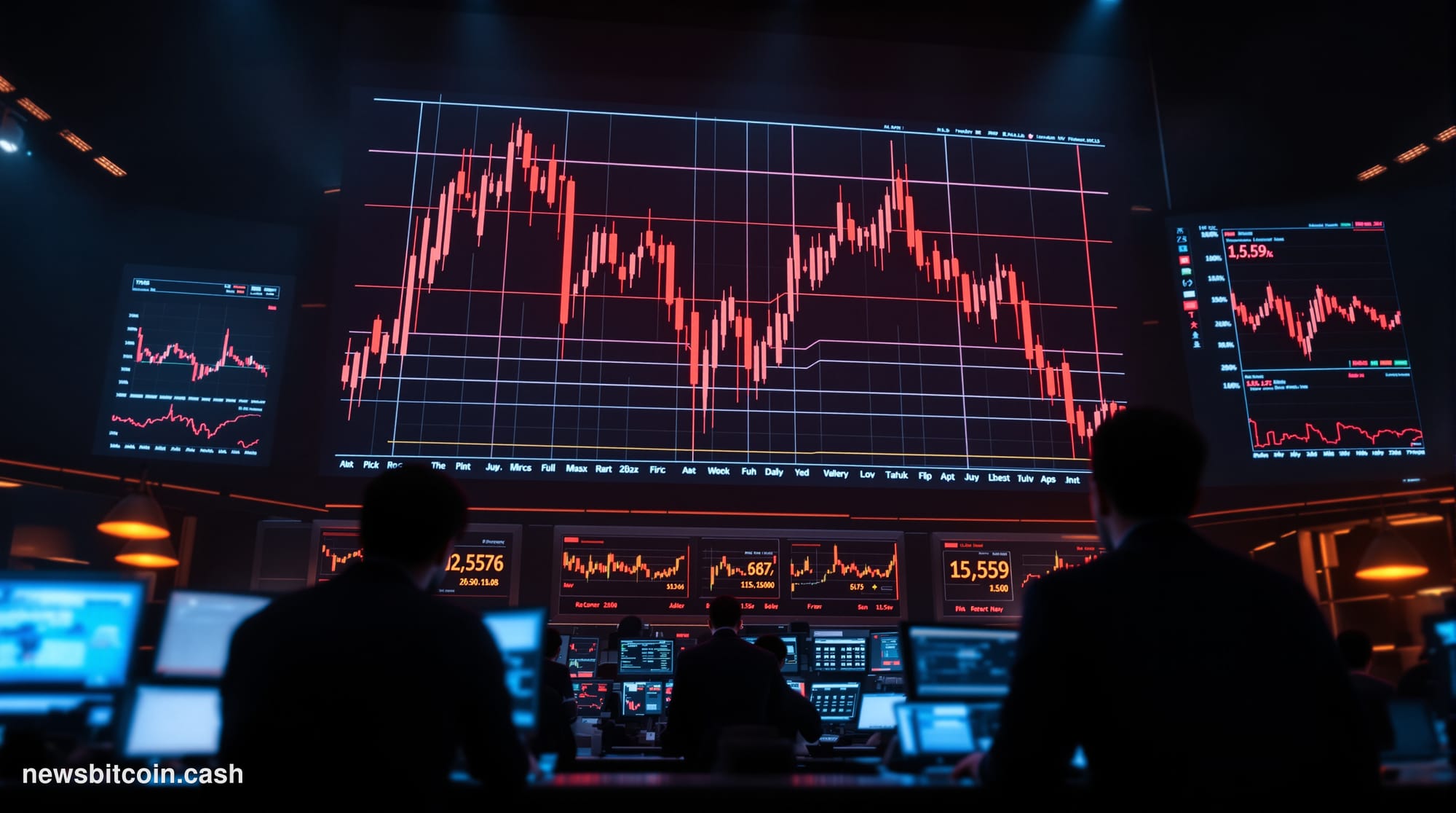 A cinematic photorealistic editorial photograph showing a dramatic financial trading floor scene with multiple large LED disp