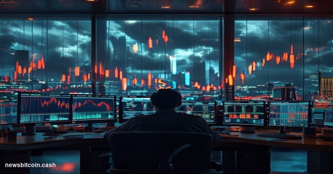 A cinematic photorealistic editorial photograph of a modern financial trading floor during market stress, with multiple large
