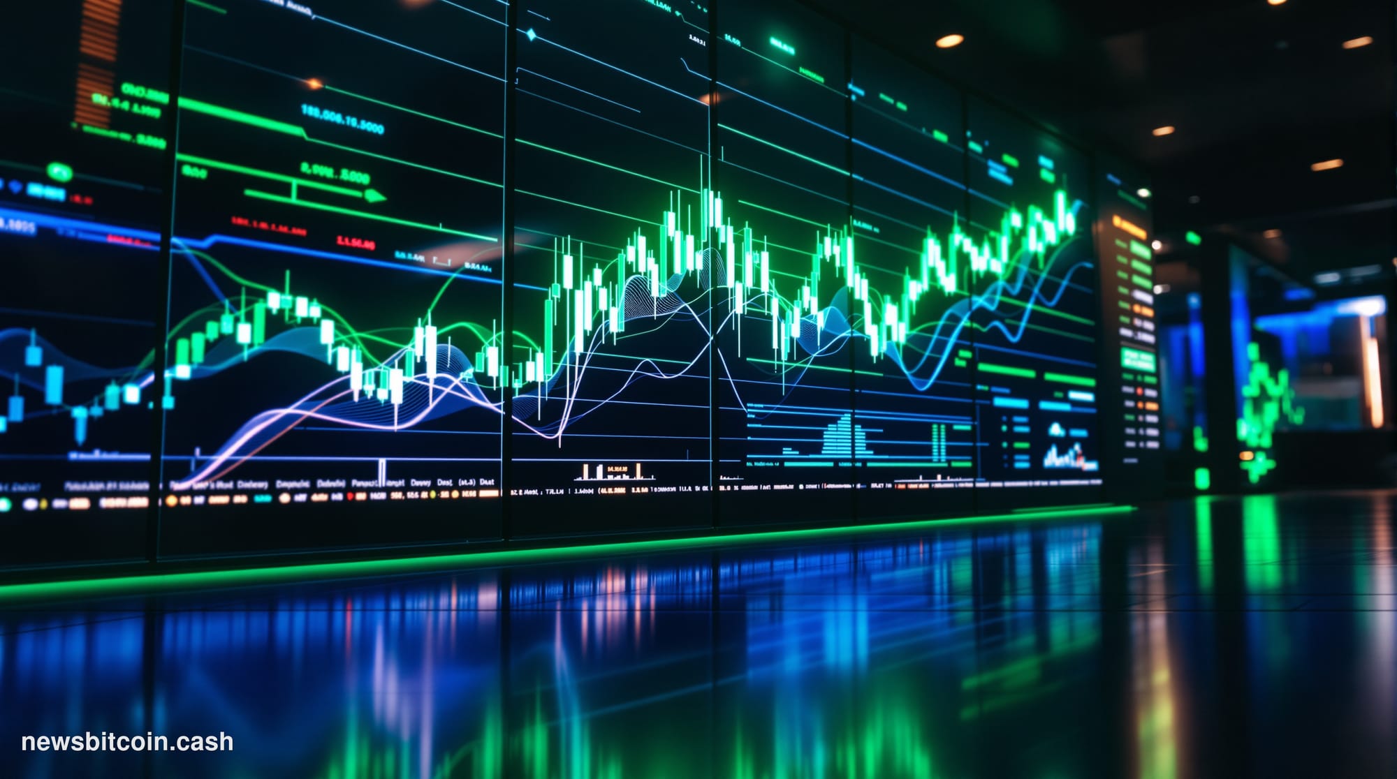 A cinematic photorealistic editorial photograph of multiple large trading screens in a modern cryptocurrency exchange office,