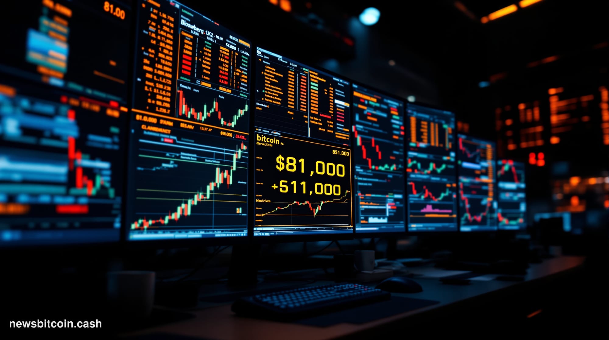 Cinematic photorealistic editorial photograph of a high-end trading floor at dusk, dramatic side-lighting from floor-to-ceili