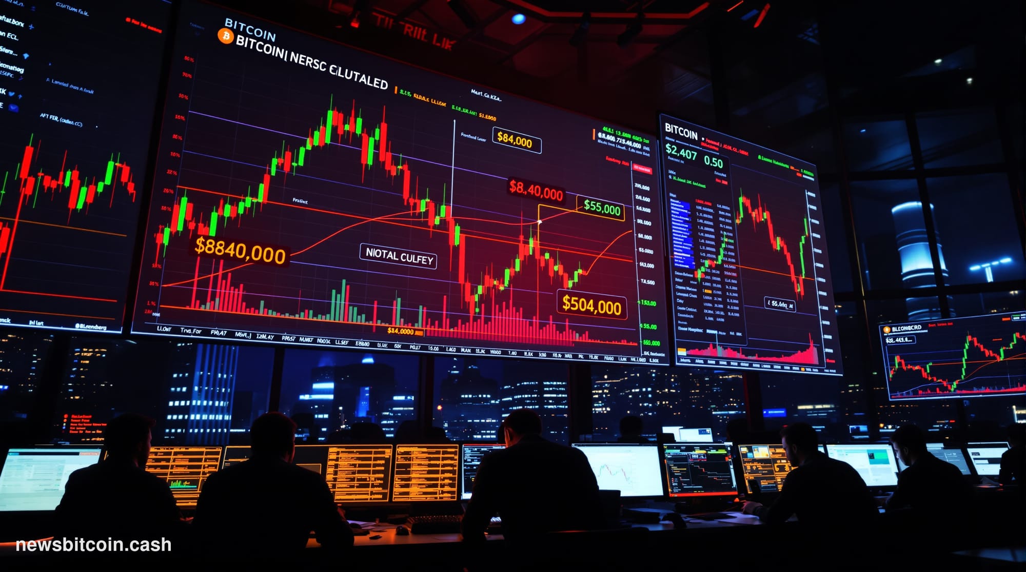 A cinematic photorealistic editorial photograph capturing Bitcoin's precarious technical position through a dramatic trading 