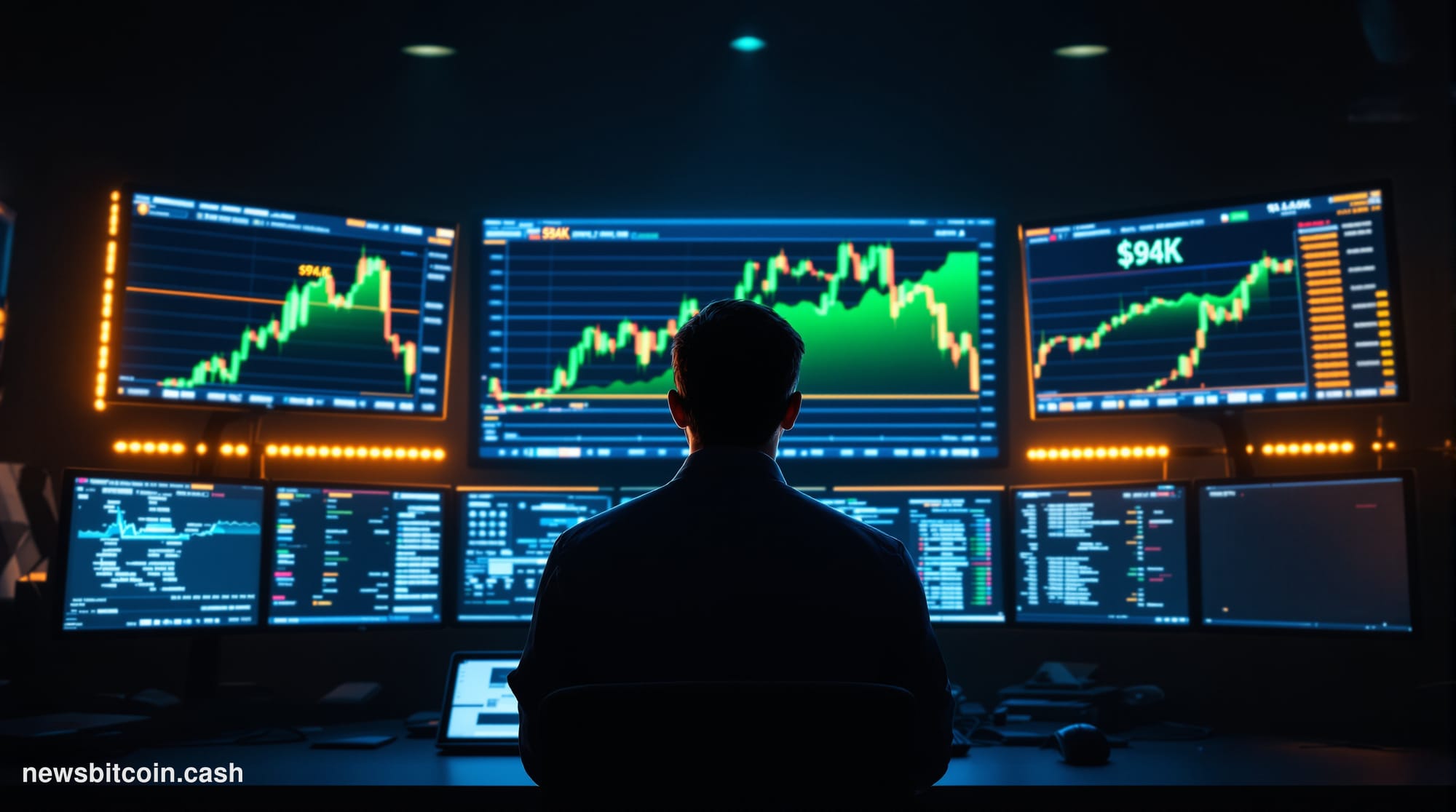 A cinematic photorealistic editorial photograph showing a dramatic upward-trending Bitcoin price chart displayed on multiple 