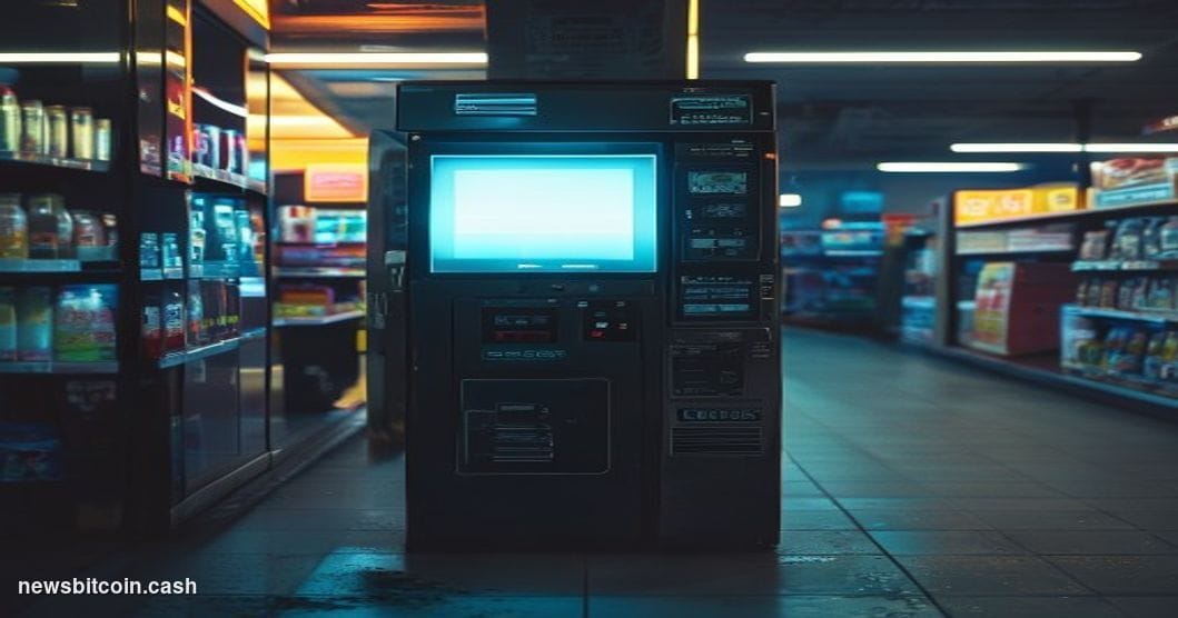 A cinematic photorealistic editorial photograph showing a Bitcoin ATM kiosk in harsh fluorescent lighting inside a convenienc