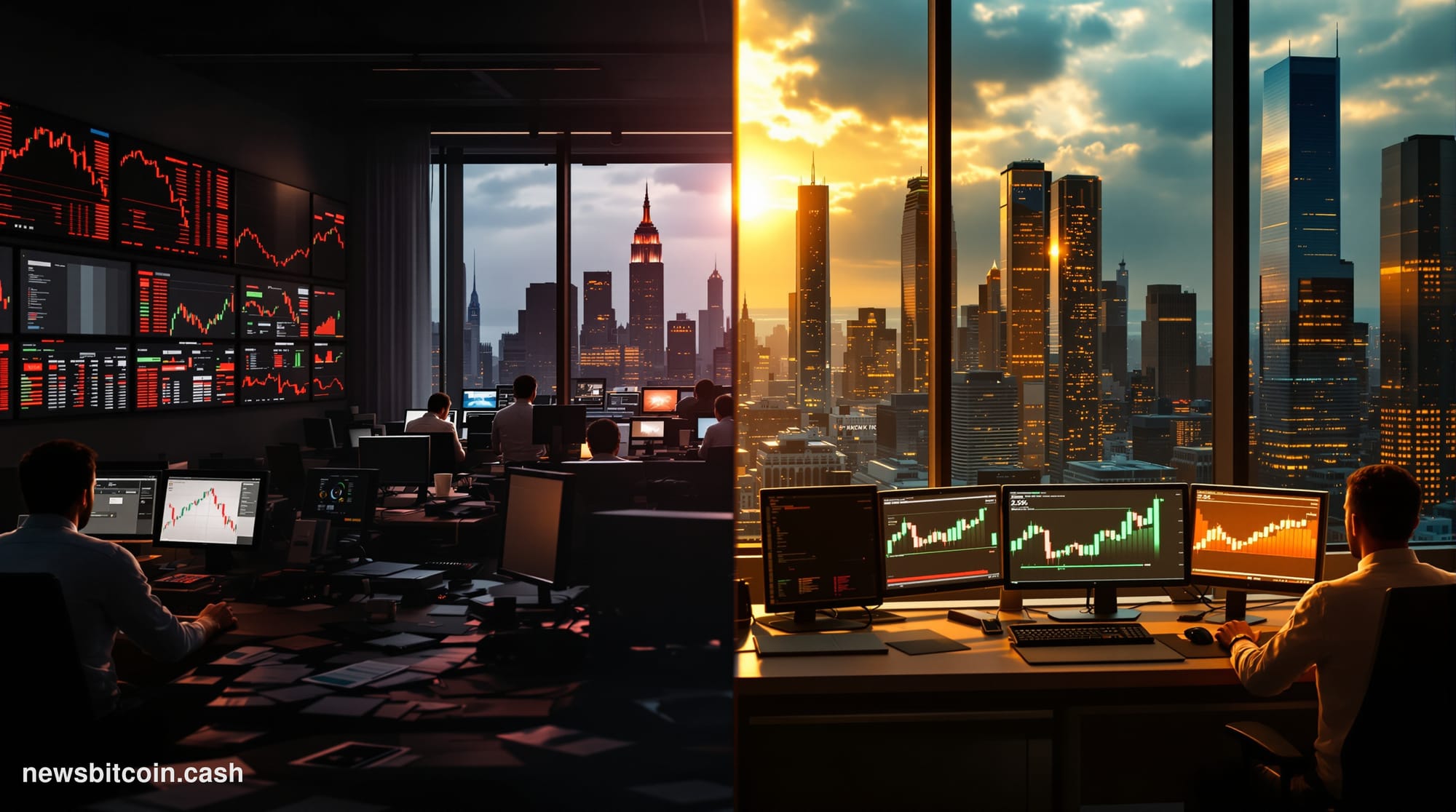 A cinematic photorealistic editorial photograph capturing the tension between traditional financial markets and Bitcoin tradi