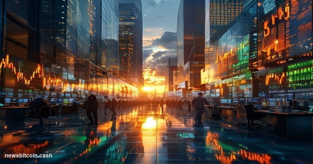A cinematic photorealistic editorial photograph showing a dramatic wide-angle view of a modern cryptocurrency trading floor o