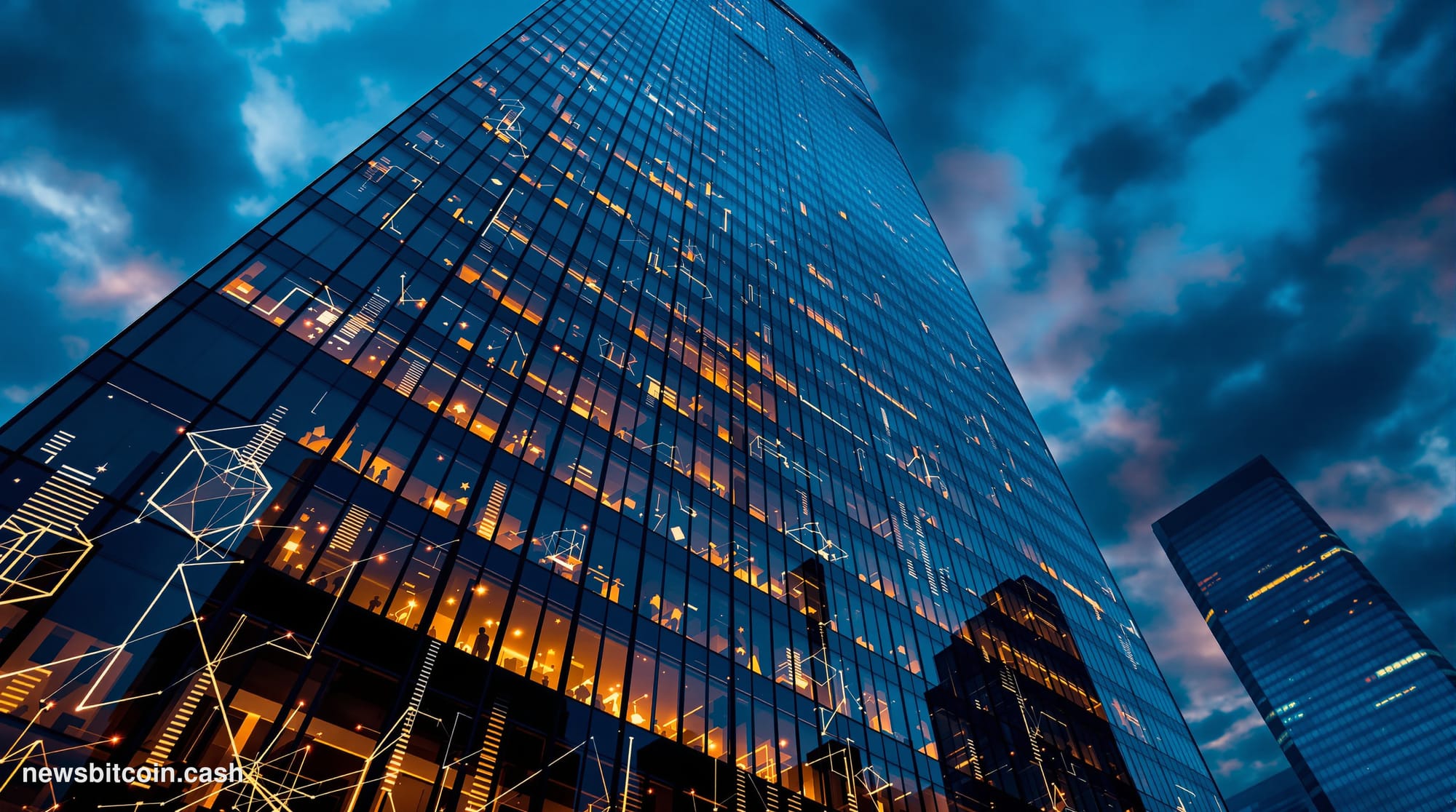 A cinematic photorealistic editorial photograph of the Chicago Mercantile Exchange (CME) building exterior at dusk, with the 