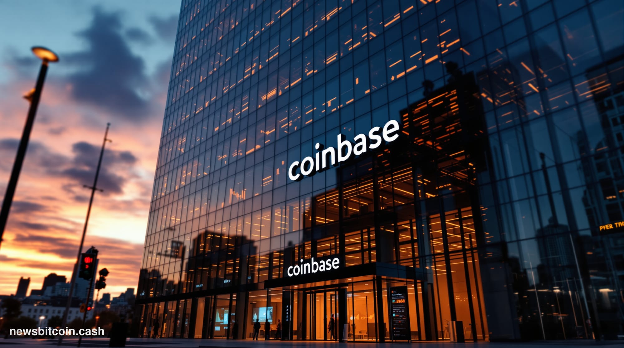 A cinematic photorealistic editorial photograph of Coinbase's distinctive headquarters building in San Francisco, shot from a