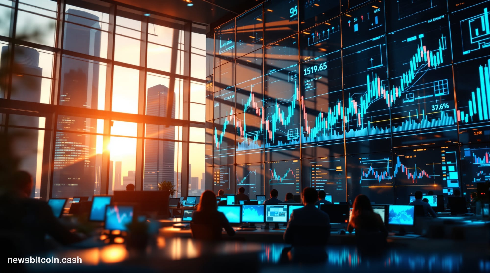 A cinematic photorealistic editorial photograph of a professional trading floor or financial district at golden hour, with mu