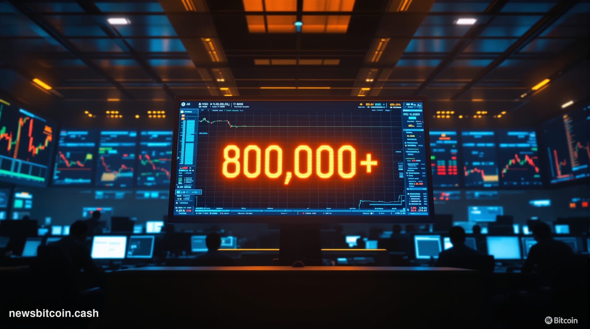 A cinematic photorealistic editorial photograph showing the iconic Bitcoin symbol prominently displayed on a large digital tr