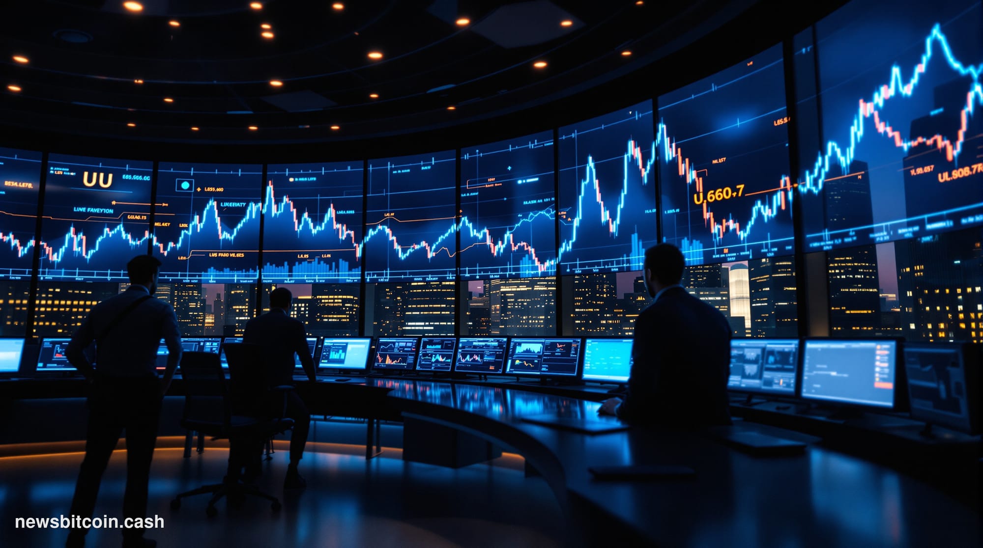 A cinematic photorealistic editorial photograph showing a dramatic trading floor or financial district scene with multiple la