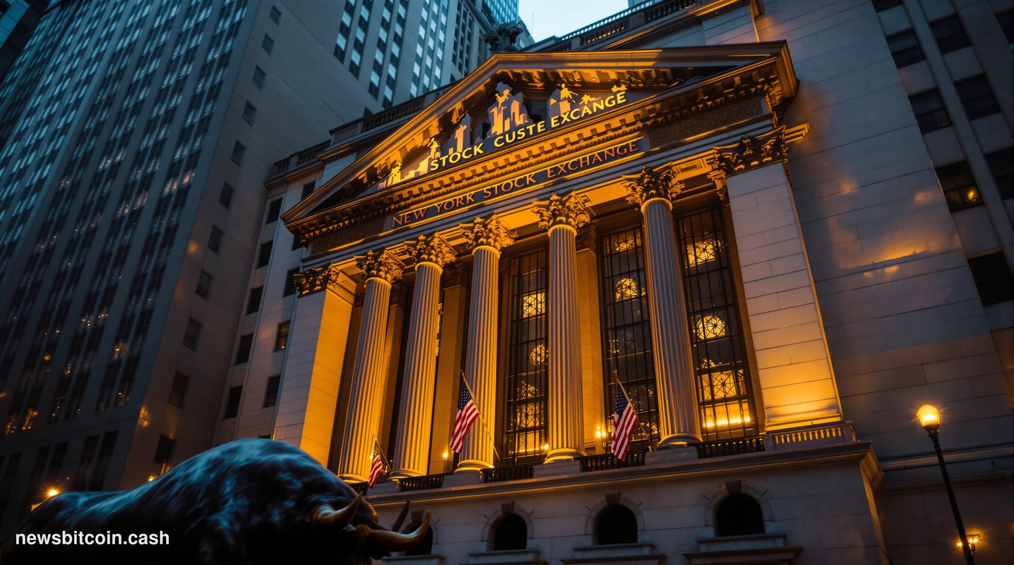 A dramatic cinematic photograph of the New York Stock Exchange building exterior at golden hour, with the iconic columned fac