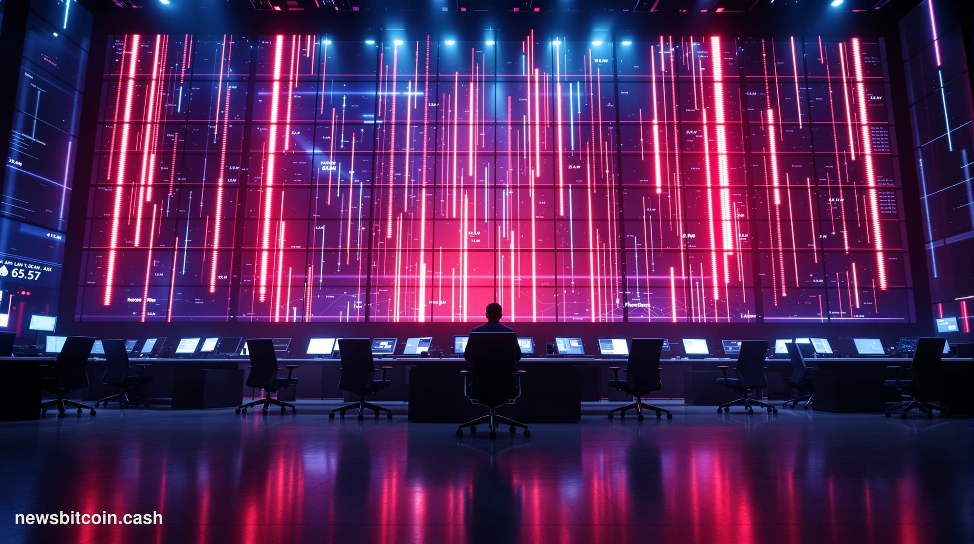 A cinematic photorealistic editorial photograph of a large digital trading floor displaying Bitcoin price charts on multiple 