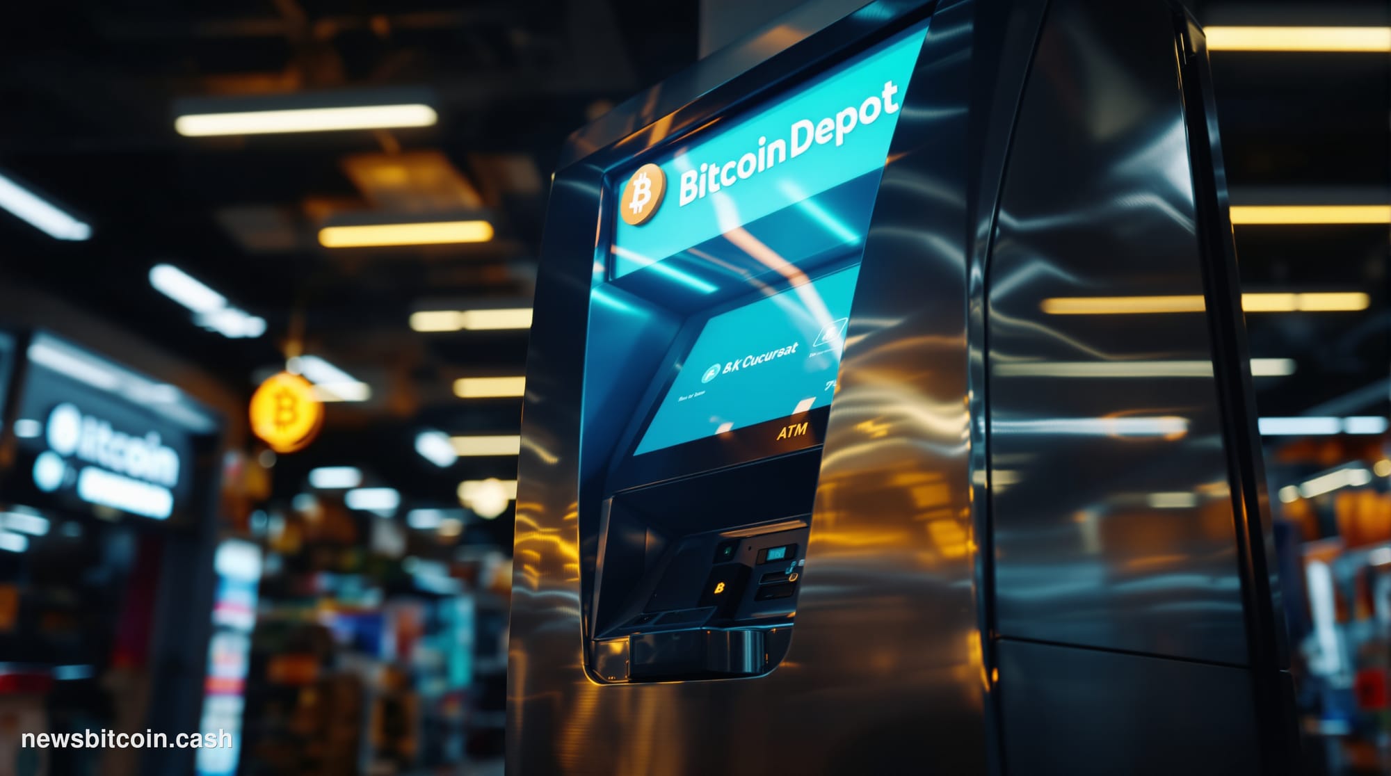A cinematic photorealistic editorial photograph of a Bitcoin Depot ATM kiosk in an urban retail environment, shot from a low 
