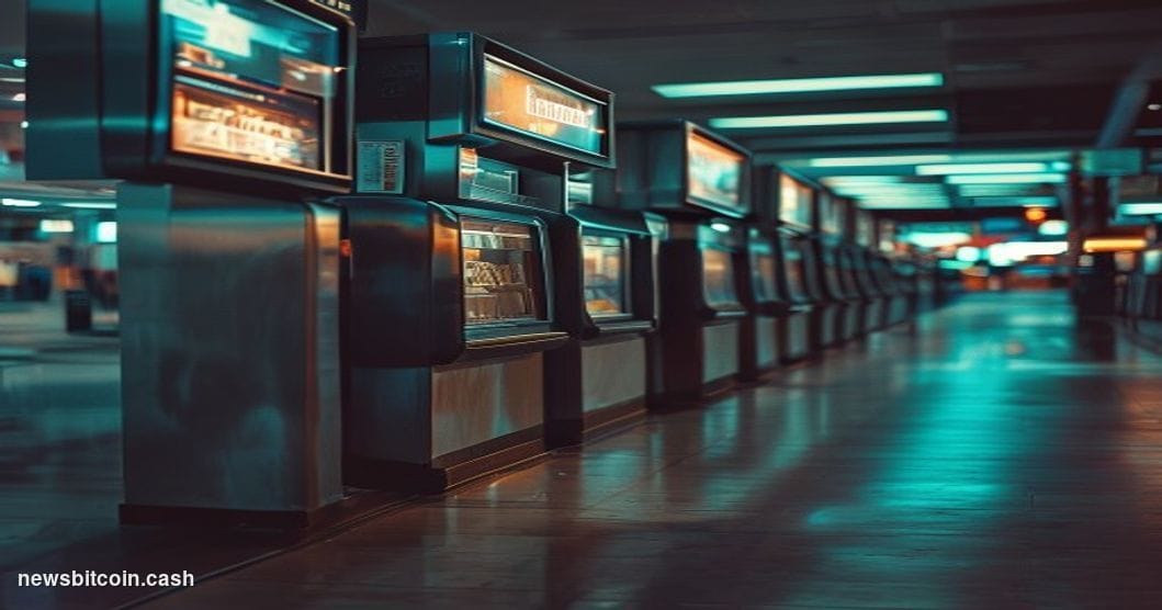 A cinematic photorealistic editorial photograph showing a row of Bitcoin ATM machines in an urban strip mall or convenience s