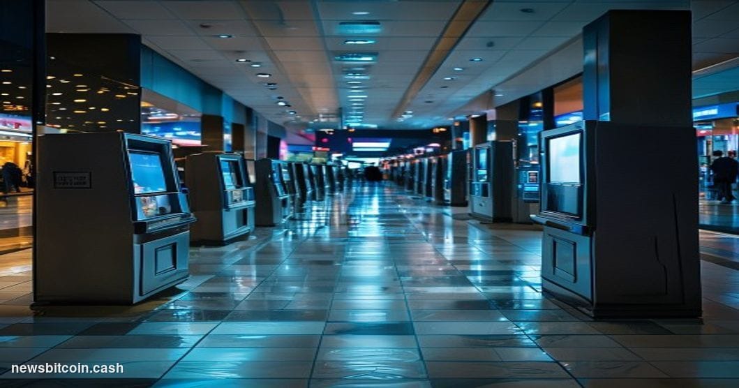 A dramatic wide-angle photograph of Bitcoin ATM kiosks in a shopping mall or retail corridor, shot from a low angle with hars