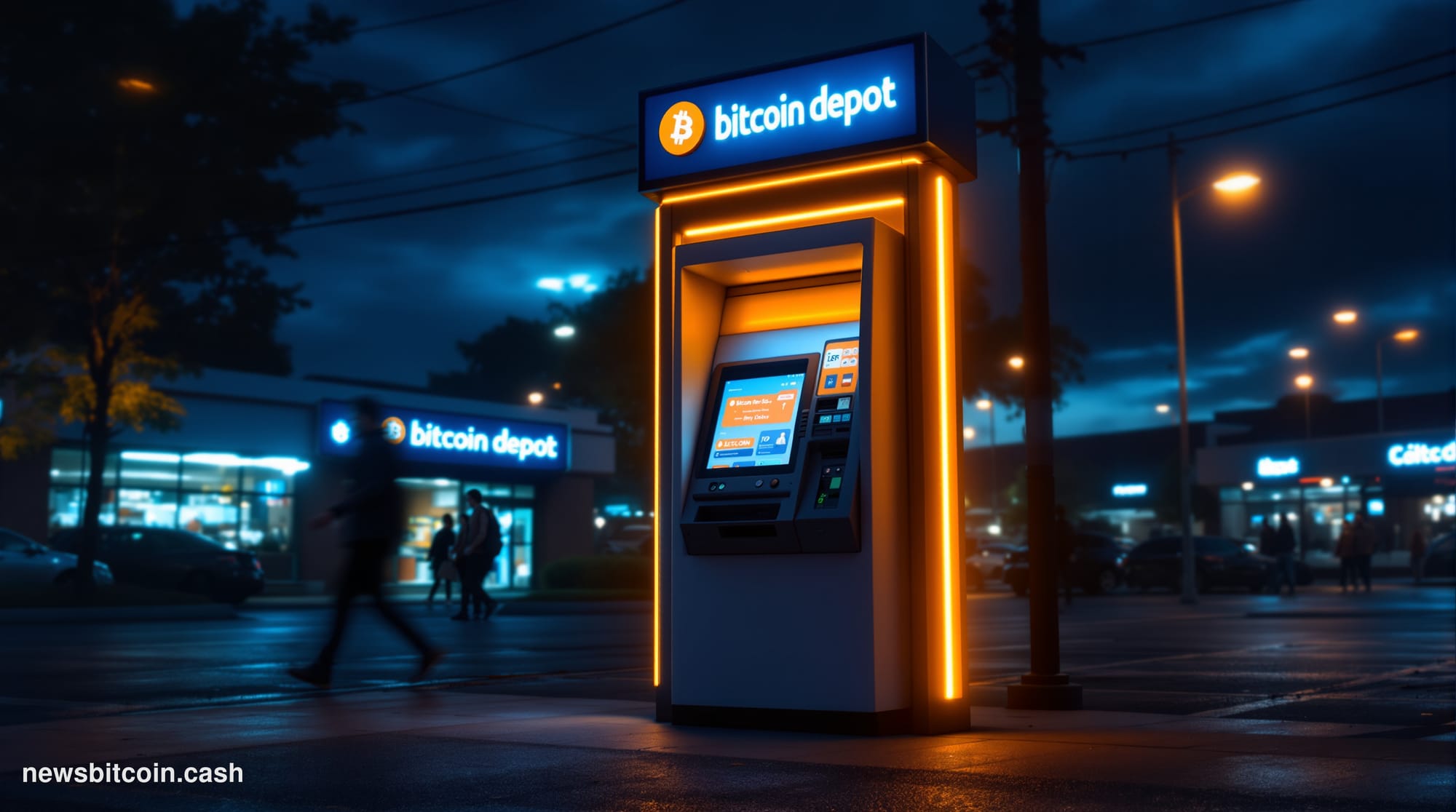 A dramatic photorealistic editorial photograph of a Bitcoin Depot ATM kiosk in an urban environment, shot from a low angle wi