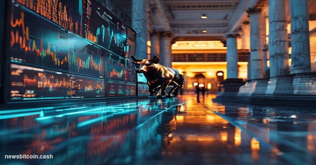 A cinematic photorealistic editorial photograph showing the dramatic contrast between Bitcoin's decline and stock market stre