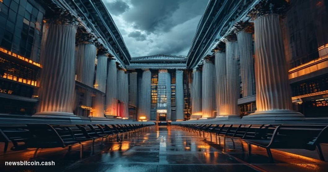 A cinematic photorealistic editorial photograph showing the New York Stock Exchange building on Wall Street at dusk, with dra
