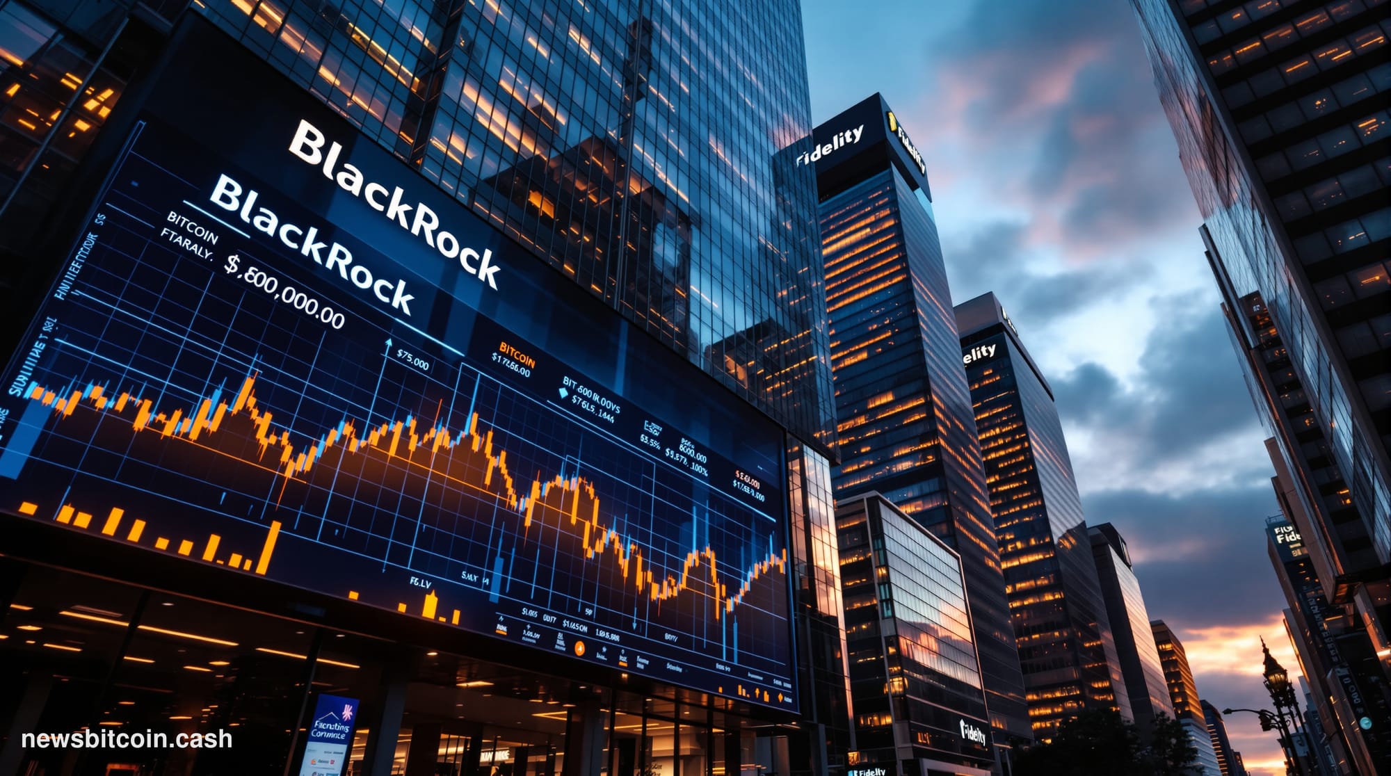A cinematic photorealistic editorial photograph of a modern financial district at dusk, with towering glass office buildings 