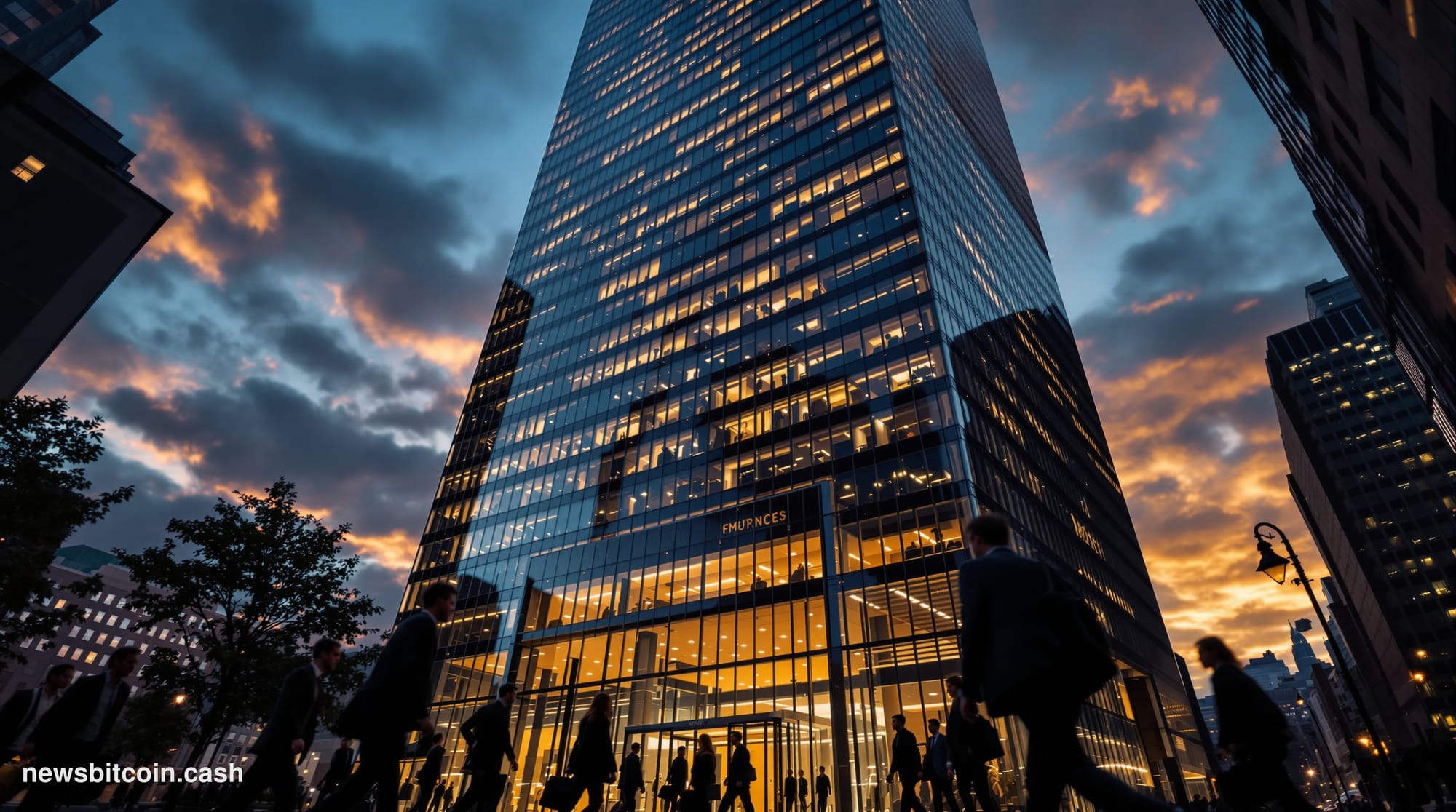 A cinematic photorealistic editorial photograph showing the exterior of a major Bitcoin ETF provider's headquarters building 