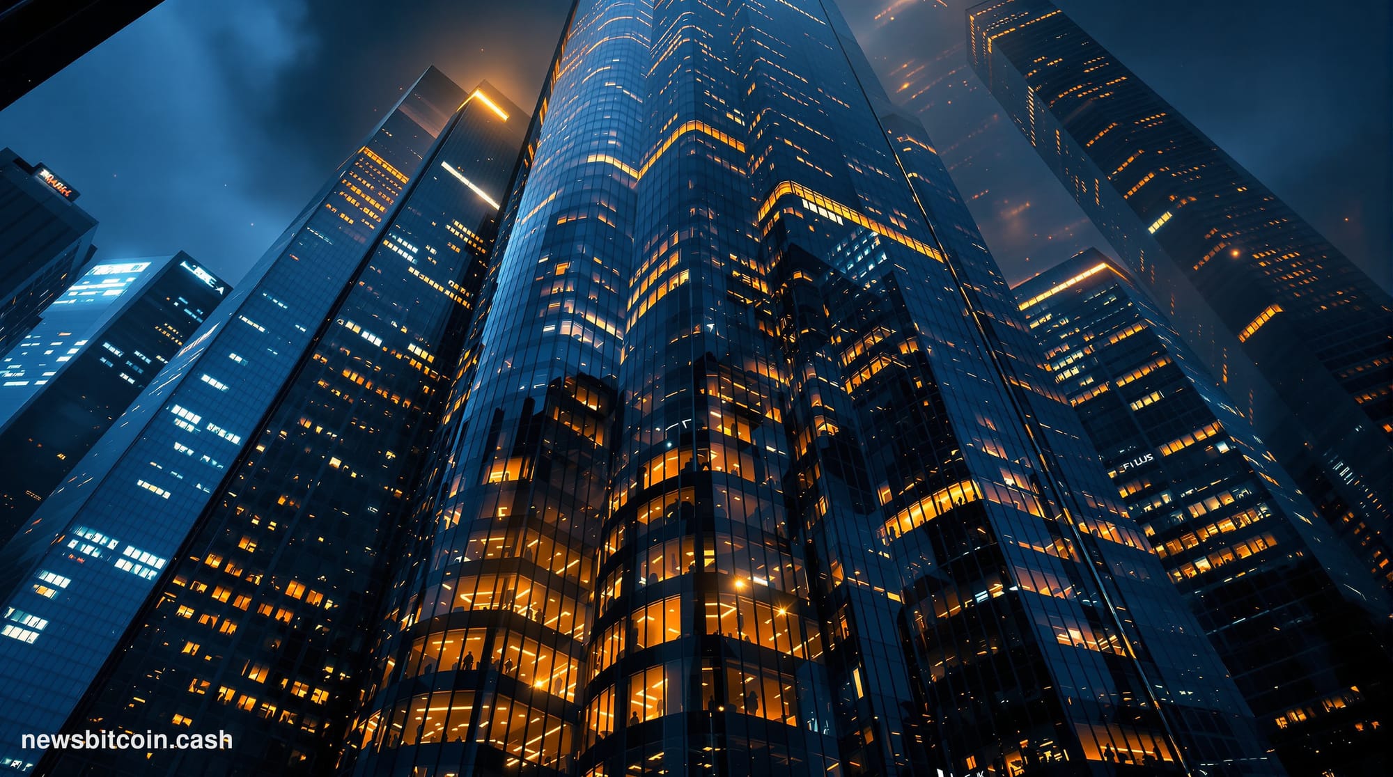 A cinematic photorealistic editorial photograph of a towering financial district at night, shot from a low angle looking up a