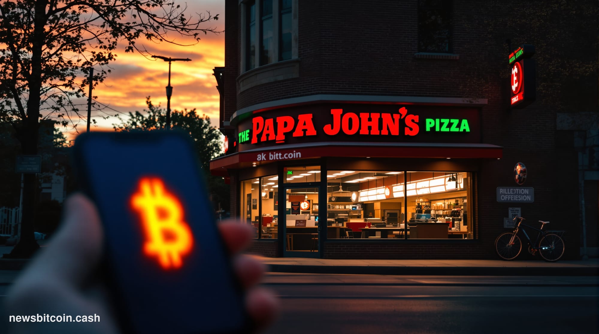 A cinematic photorealistic editorial photograph of a Papa John's pizza restaurant storefront at golden hour, with warm light 