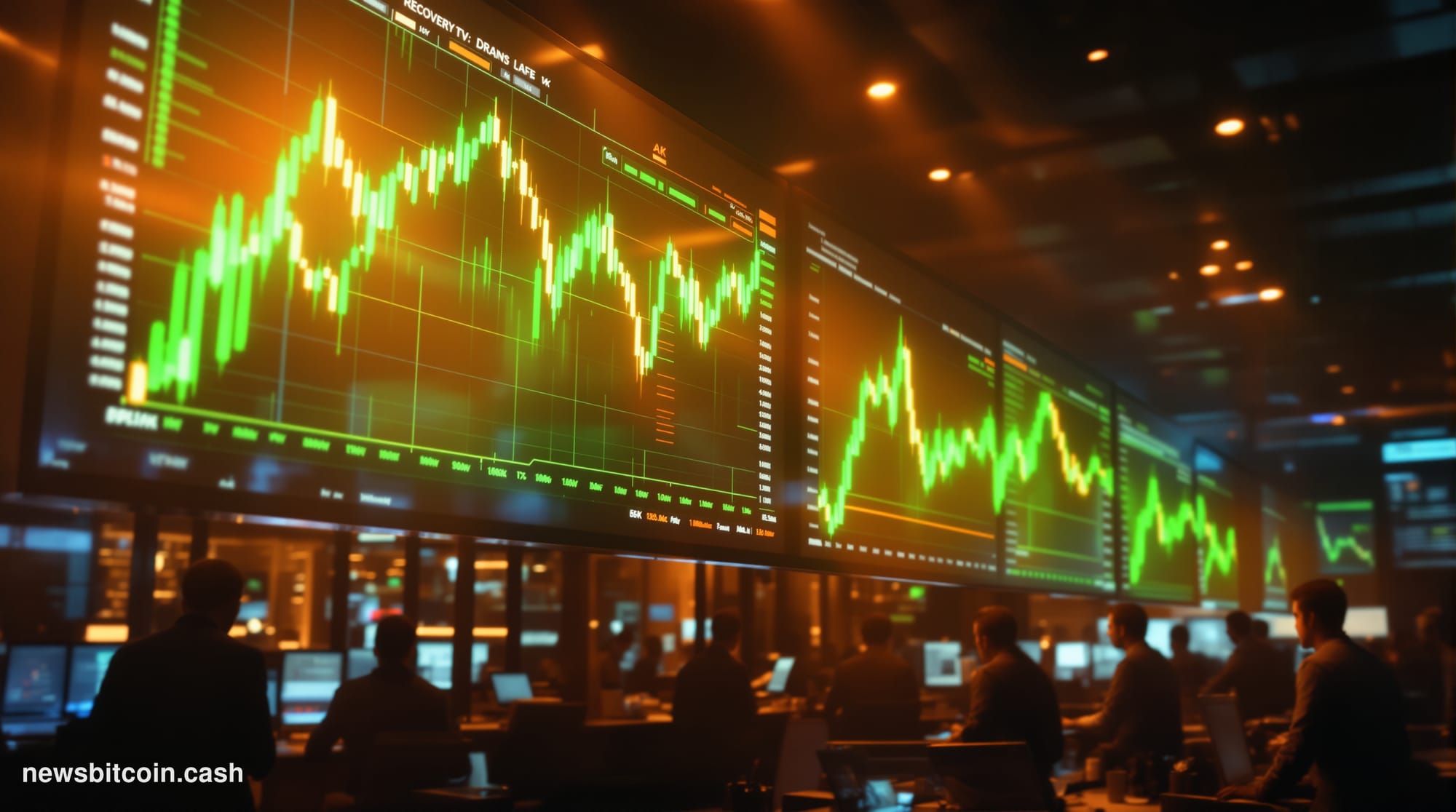 Cinematic photorealistic editorial photograph of trading floor monitors displaying Bitcoin price charts alongside S&P 500 ind